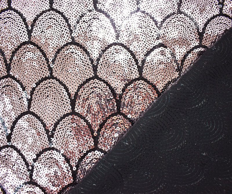 Light Pink-Black Poly Sequined Scale Stretch Spandex Knit Fabric