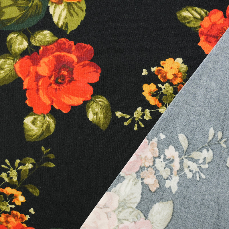 Black-Orange-Multi Floral Print Double Brushed Jersey Knit Fabric