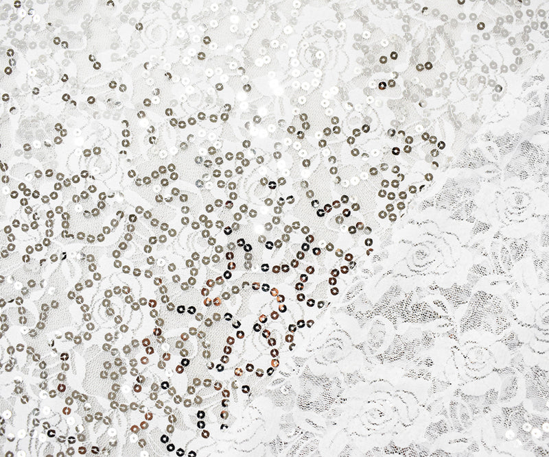White-Silver Nylon Sequin Floral Lace Knit Fabric