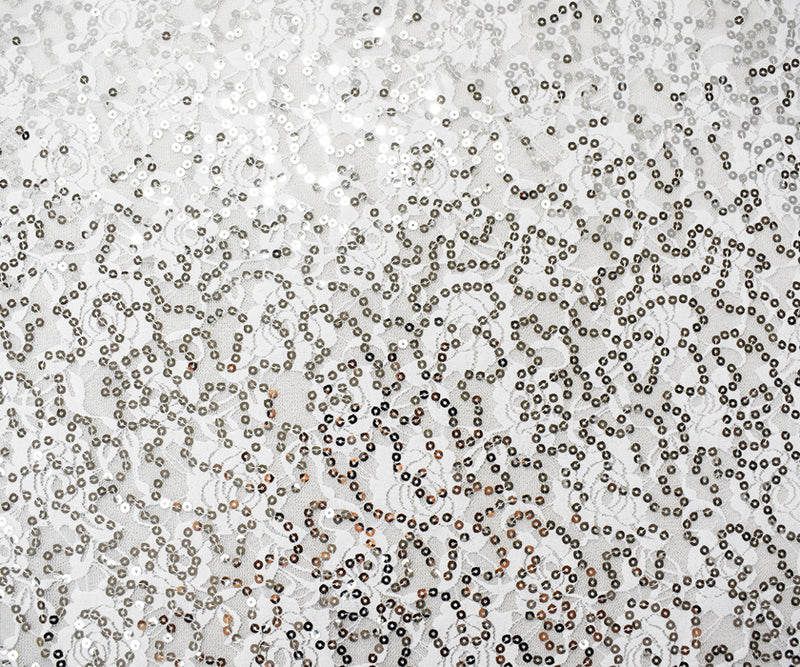 White-Silver Nylon Sequin Floral Lace Knit Fabric