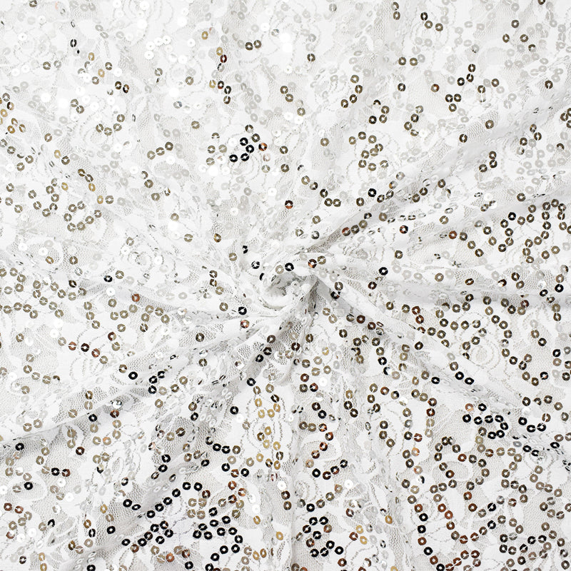 White-Silver Nylon Sequin Floral Lace Knit Fabric
