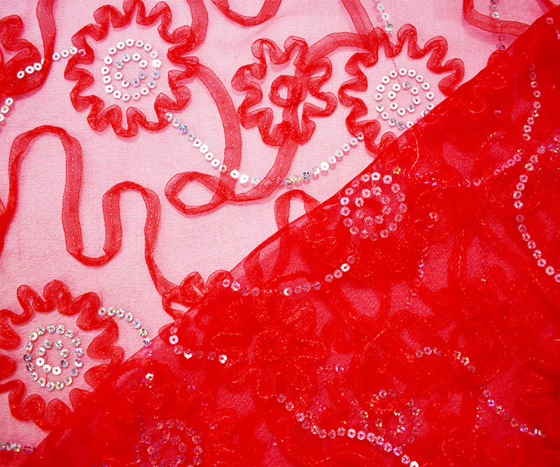 Red-Silver Nylon Floral Applique Sequined Mesh Tulle Fabric