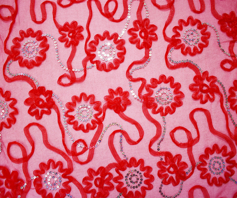 Red-Silver Nylon Floral Applique Sequined Mesh Tulle Fabric