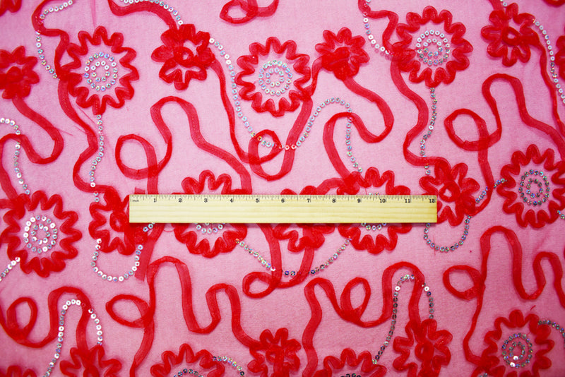 Red-Silver Nylon Floral Applique Sequined Mesh Tulle Fabric