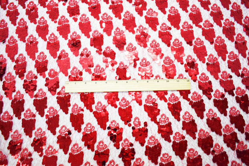 Red-Gold Metallic Poly Sequined Crochet Lace Knit Fabric