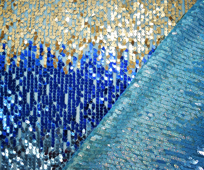 Aquatic Blue-Gold-Silver Nylon Sequin Striped Mesh Tulle Fabric