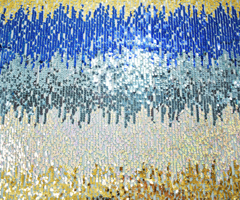 Aquatic Blue-Gold-Silver Nylon Sequin Striped Mesh Tulle Fabric