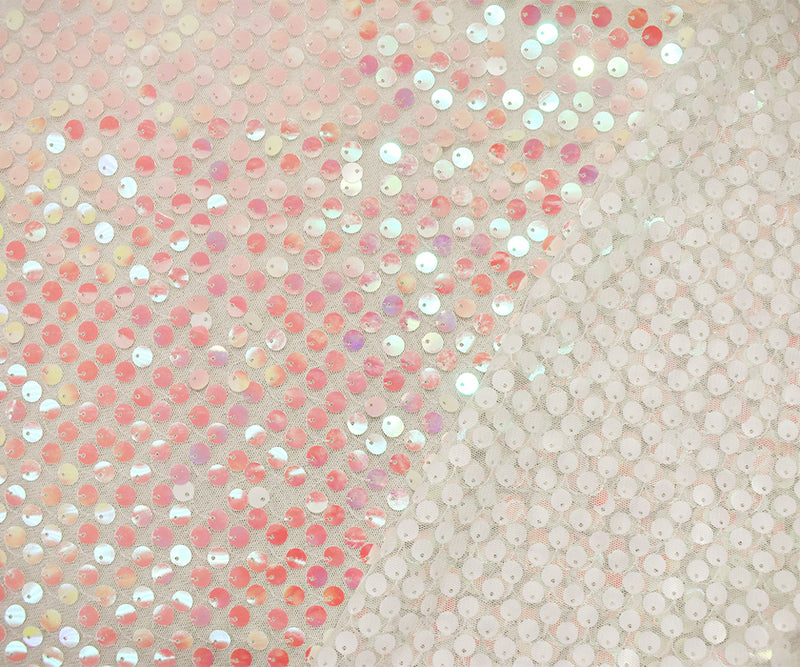 Pink-White-Iridescent Nylon Sequined Tulle Mesh Fabric