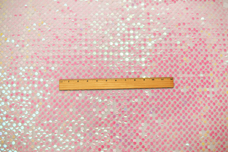 Pink-White-Iridescent Nylon Sequined Tulle Mesh Fabric