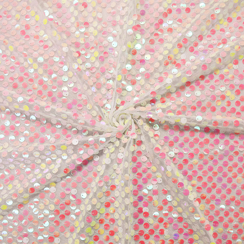 Pink-White-Iridescent Nylon Sequined Tulle Mesh Fabric