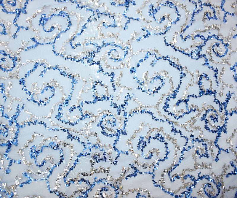 Blue-Silver Nylon Sequined Abstract Swirl Mesh Tulle Fabric