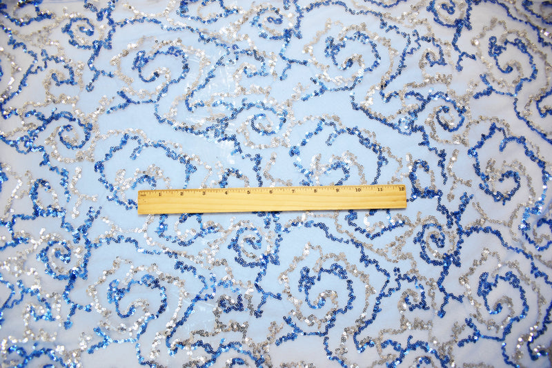 Blue-Silver Nylon Sequined Abstract Swirl Mesh Tulle Fabric