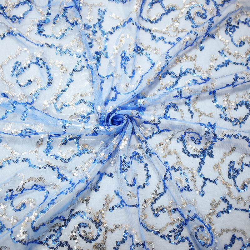 Blue-Silver Nylon Sequined Abstract Swirl Mesh Tulle Fabric