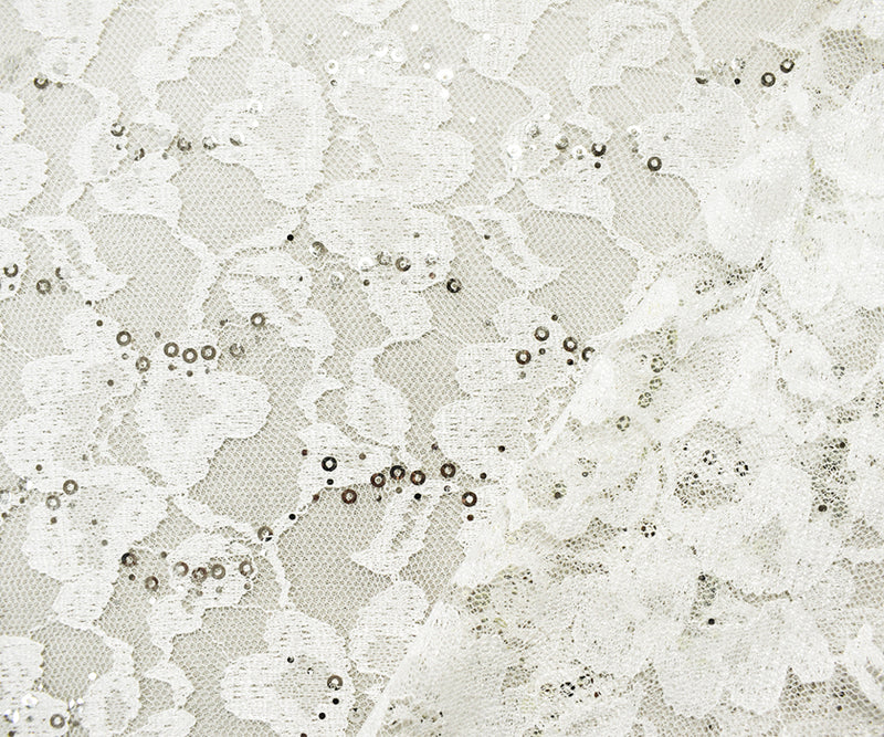 White-Silver Nylon-Polyester Floral Sequin Crochet Lace Knit Fabric