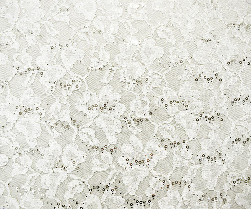 White-Silver Nylon-Polyester Floral Sequin Crochet Lace Knit Fabric