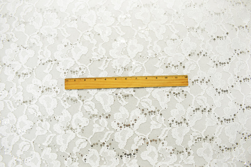 White-Silver Nylon-Polyester Floral Sequin Crochet Lace Knit Fabric
