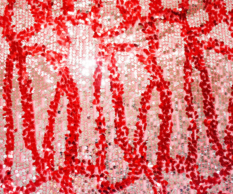 Red-Metallic Nylon-Poly Silver Abstract Sequined Mesh Tulle Fabric