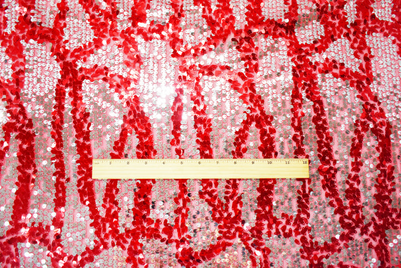 Red-Metallic Nylon-Poly Silver Abstract Sequined Mesh Tulle Fabric