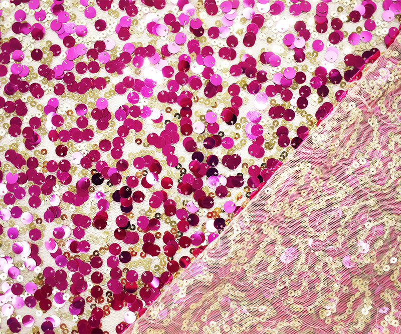 Fuchsia Pink-Gold-Beige Nylon Sequined Mesh Tulle Fabric