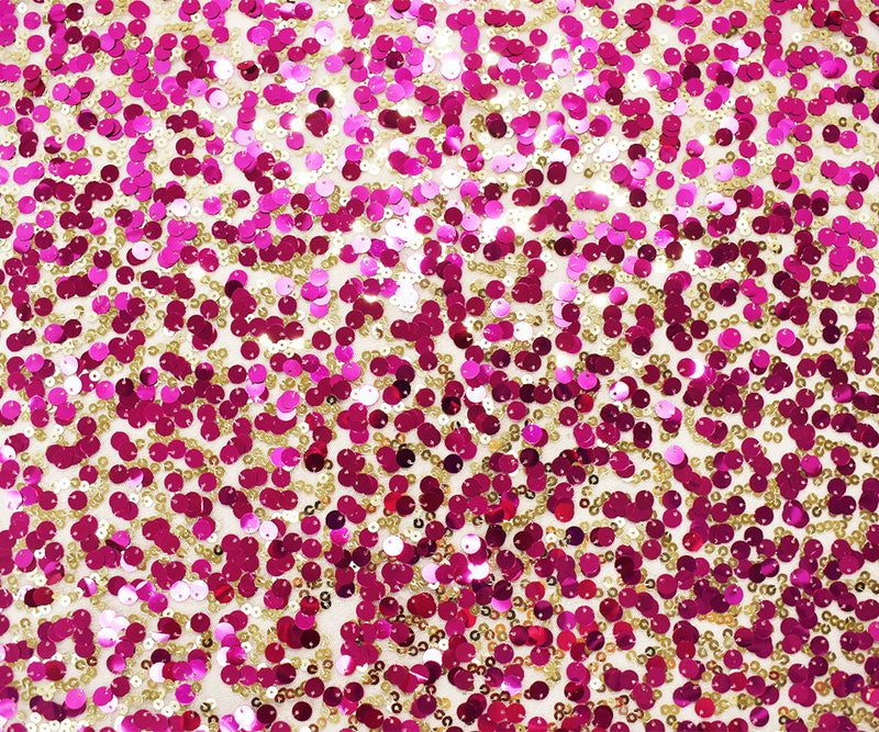 Fuchsia Pink-Gold-Beige Nylon Sequined Mesh Tulle Fabric