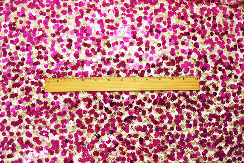 Fuchsia Pink-Gold-Beige Nylon Sequined Mesh Tulle Fabric