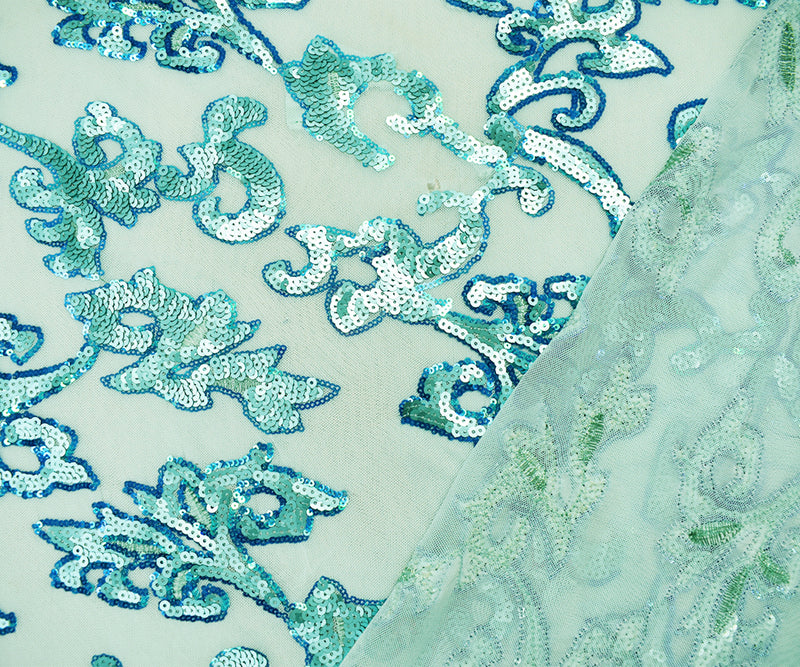 Teal-Blue Nylon Baroque Vine Sequined Stretch Spandex Tulle Mesh Fabric