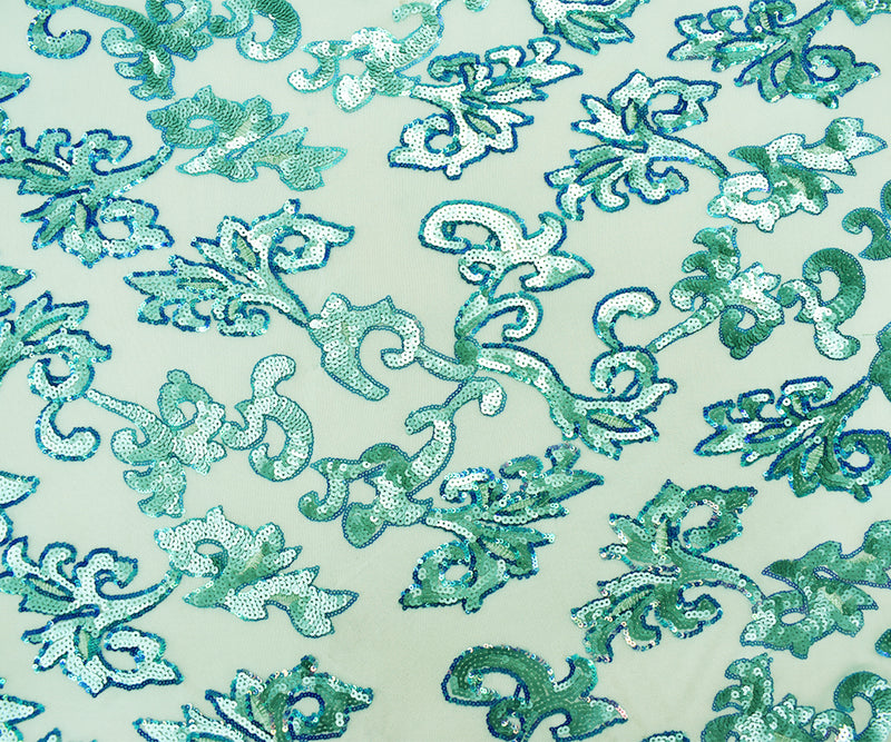 Teal-Blue Nylon Baroque Vine Sequined Stretch Spandex Tulle Mesh Fabric