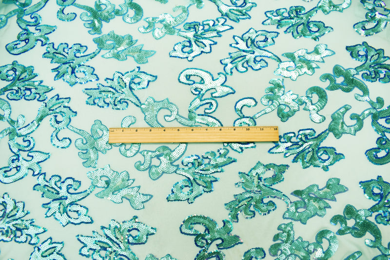 Teal-Blue Nylon Baroque Vine Sequined Stretch Spandex Tulle Mesh Fabric