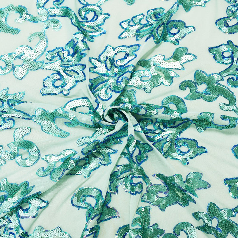 Teal-Blue Nylon Baroque Vine Sequined Stretch Spandex Tulle Mesh Fabric