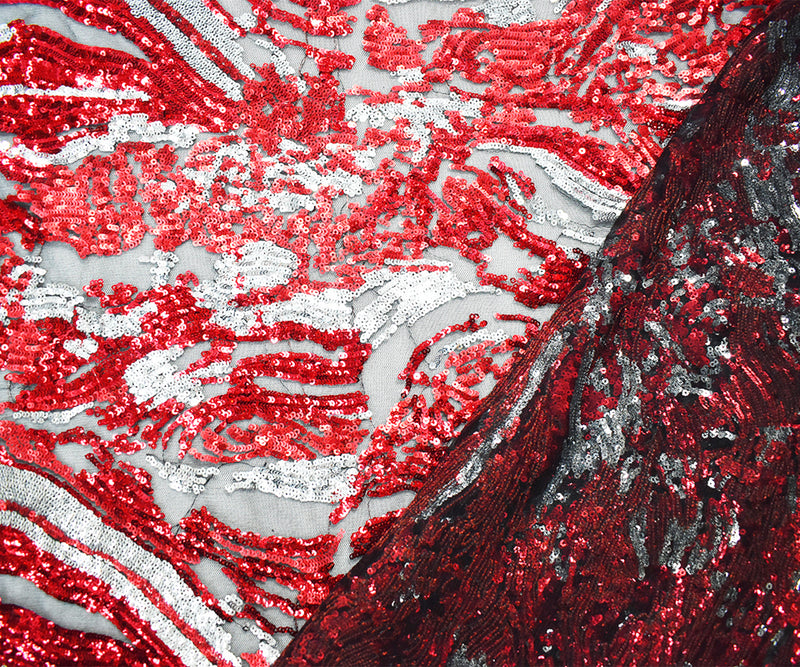 Red-Black-Silver Nylon-Poly Abstract Sequined Tulle Fabric