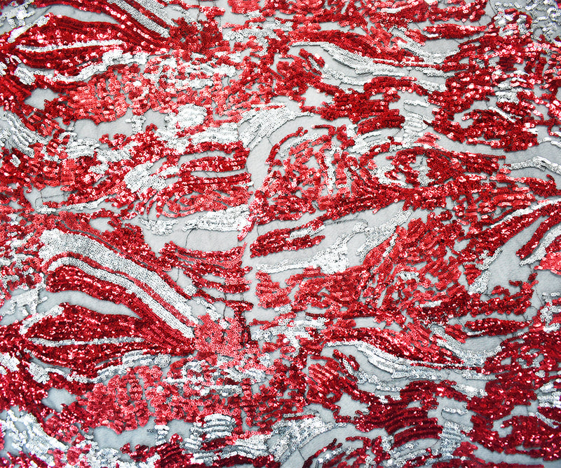 Red-Black-Silver Nylon-Poly Abstract Sequined Tulle Fabric