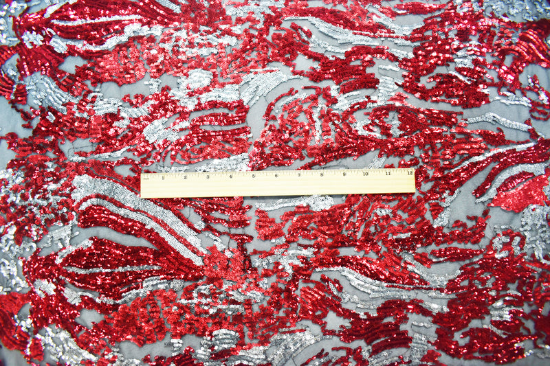 Red-Black-Silver Nylon-Poly Abstract Sequined Tulle Fabric