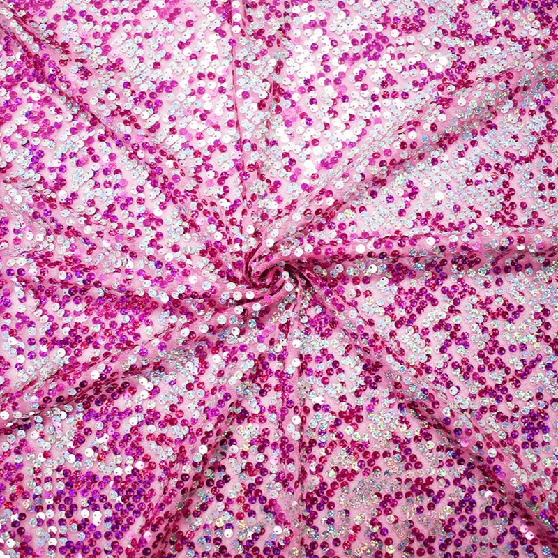 Pink-Magenta-Silver Nylon Sequined Tulle Fabric