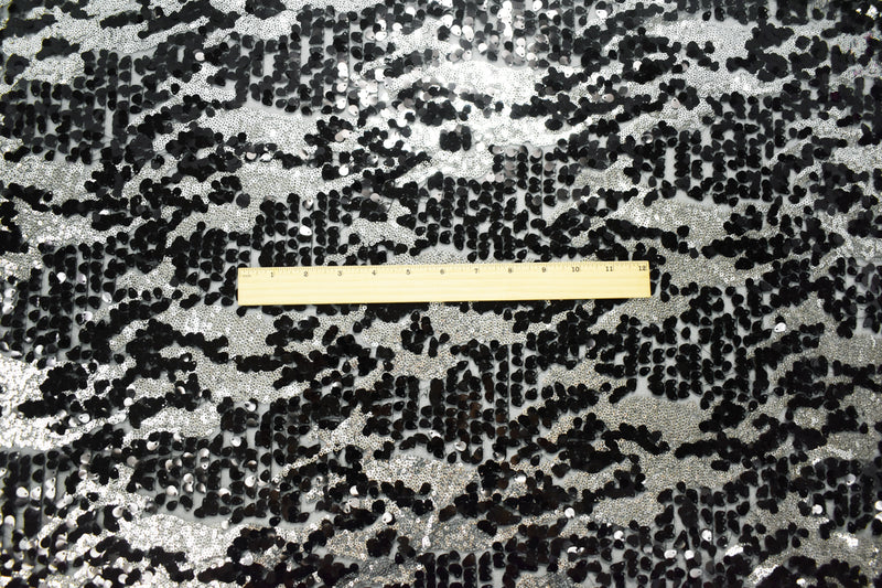 Black-Metallic Silver Nylon Abstract Sequin Tulle Mesh Fabric