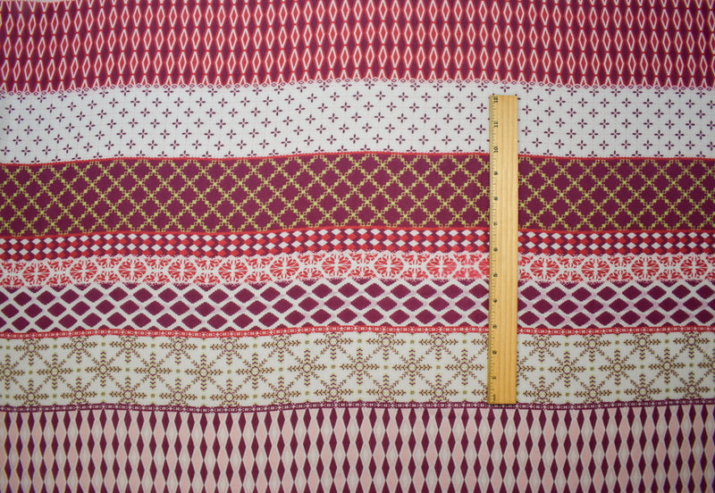 Red-White-Multi Poly Abstract Diamond Stripe Printed Chiffon Woven Fabric