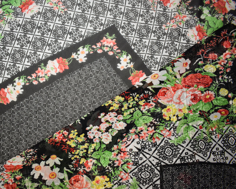 Black-Red-Multi Poly Floral Wave Printed Chiffon Woven Fabric
