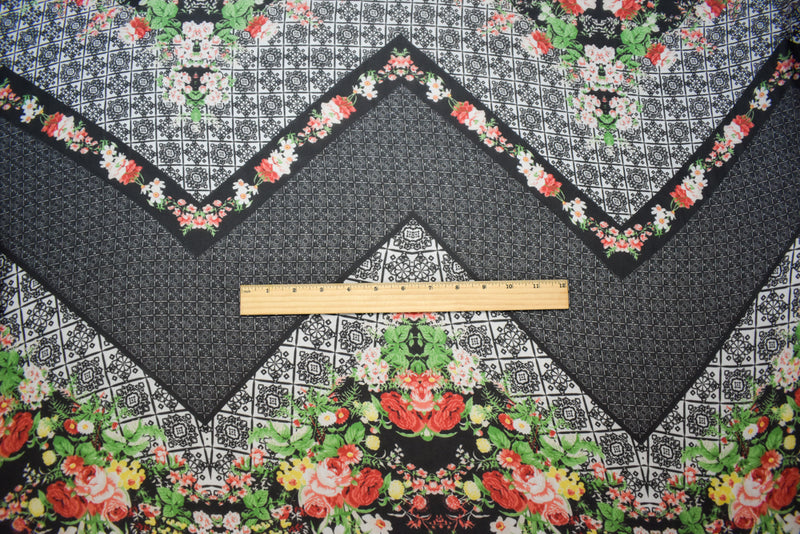 Black-Red-Multi Poly Floral Wave Printed Chiffon Woven Fabric