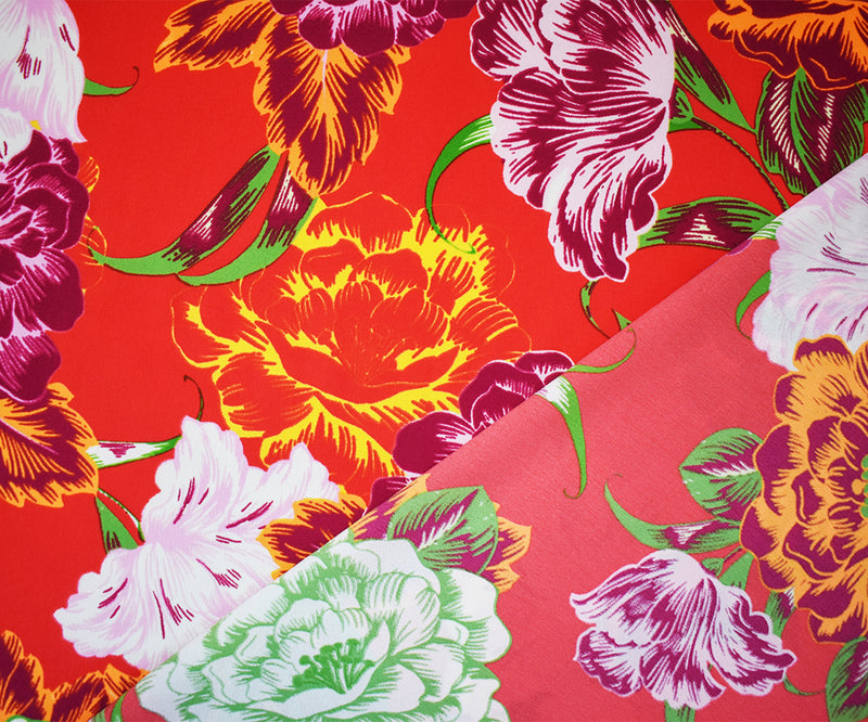 Red-Purple-Multi Poly Floral Print Pebble Crepe Woven Fabric