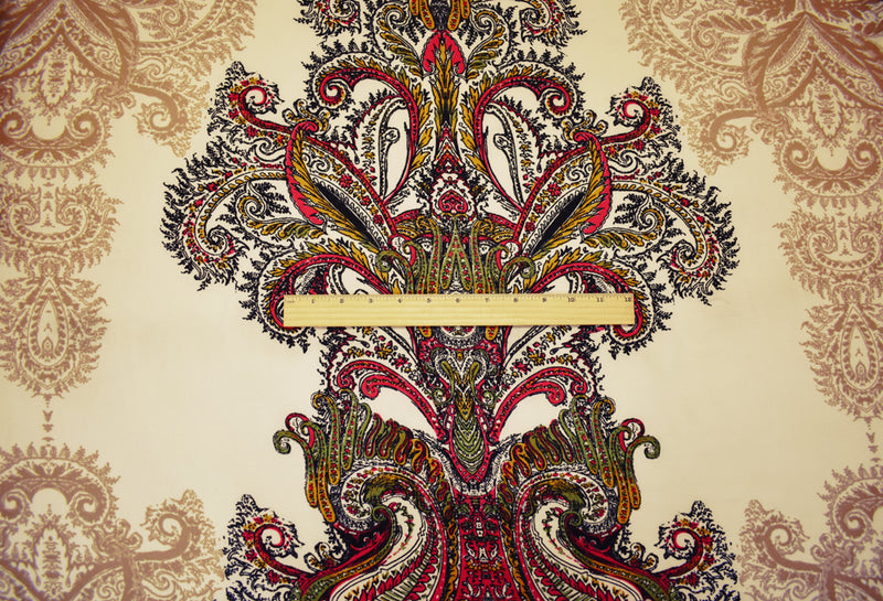 Beige-Red-Multi Poly Paisley Border Printed Pebble Crepe Woven Fabric