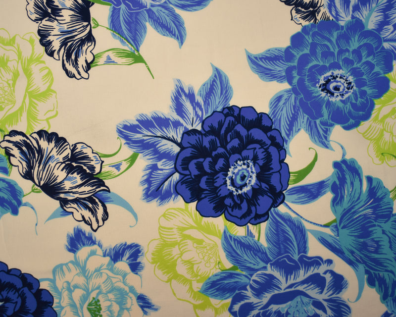 Ivory-Blue-Multi Poly Floral Print Pebble Crepe Woven Fabric