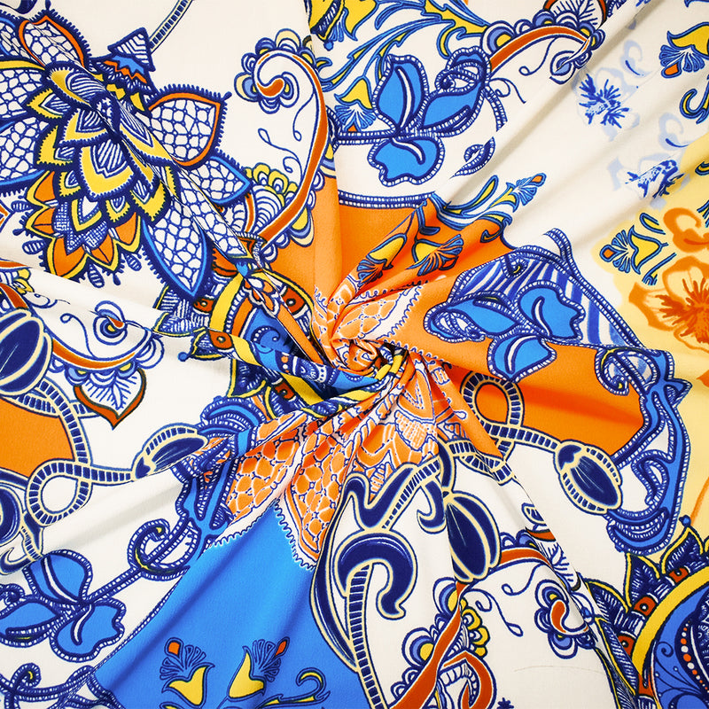 Blue-Ivory-Multi Poly Paisely Floral Print Pebble Crepe Woven Fabric