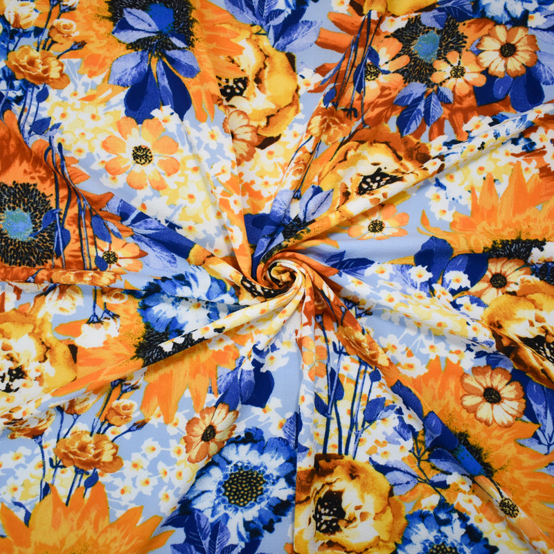 Orange-Blue-Multi Poly Floral Print Pebble Crepe Woven Fabric