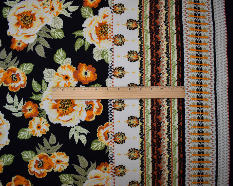 Black-Orange-Multi Poly Floral Stripe Geometry Border Print Pebble Crepe Woven Fabric