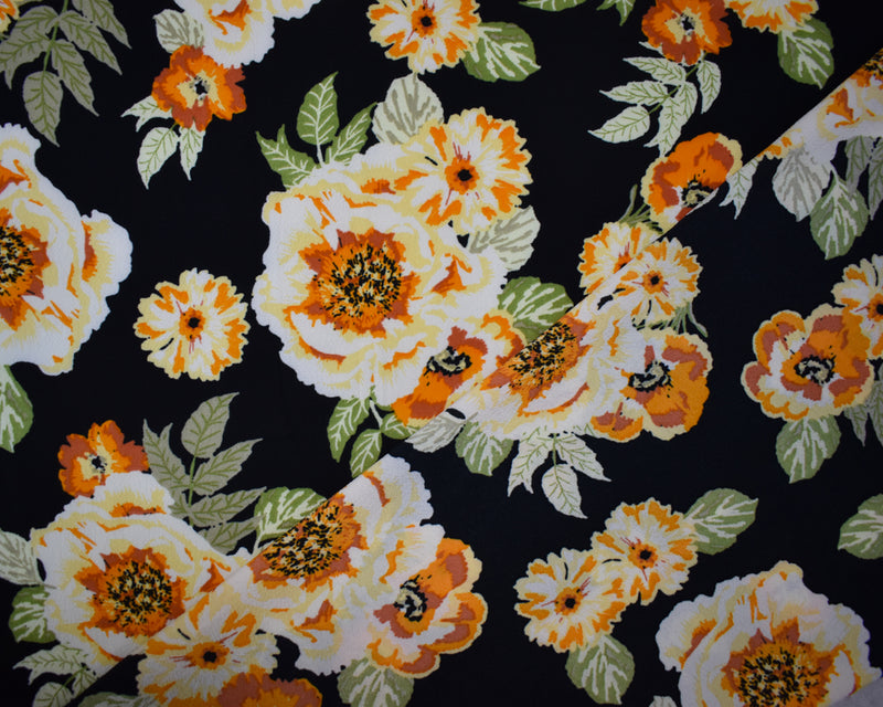 Black-Orange-Multi Poly Floral Stripe Geometry Border Print Pebble Crepe Woven Fabric