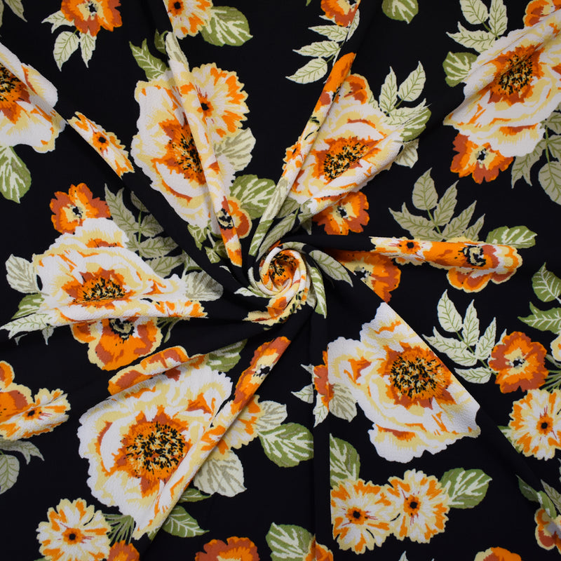 Black-Orange-Multi Poly Floral Stripe Geometry Border Print Pebble Crepe Woven Fabric