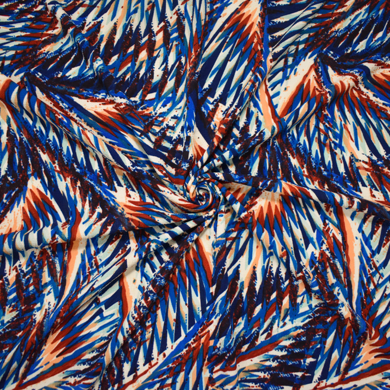 Blue-Red-Multi Poly Abstract Palm Tree Printed Pebble Crepe Woven Fabric