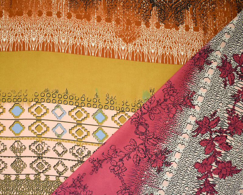 Brown-Red-Multi Poly Stripe Multi Pattern Printed Georgette Woven Fabric
