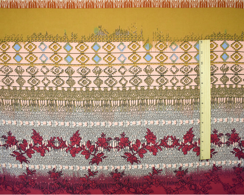 Brown-Red-Multi Poly Stripe Multi Pattern Printed Georgette Woven Fabric