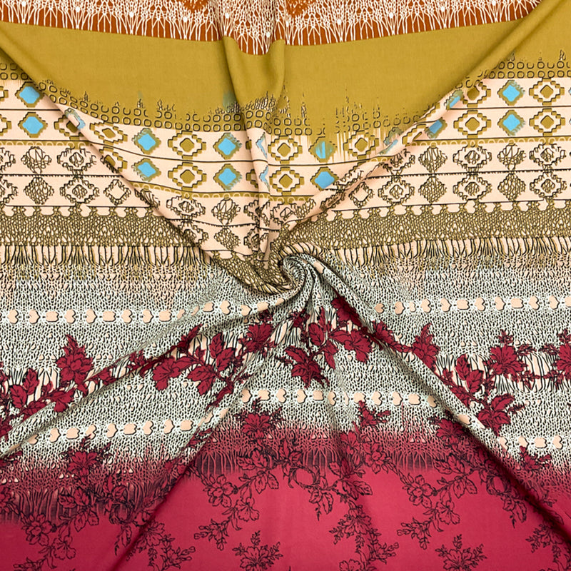Brown-Red-Multi Poly Stripe Multi Pattern Printed Georgette Woven Fabric