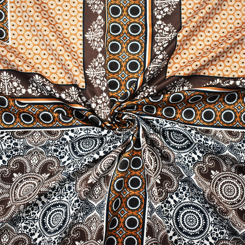 Brown-Multi Poly Bandana PANEL Medallion Printed Charmeuse Woven Fabric